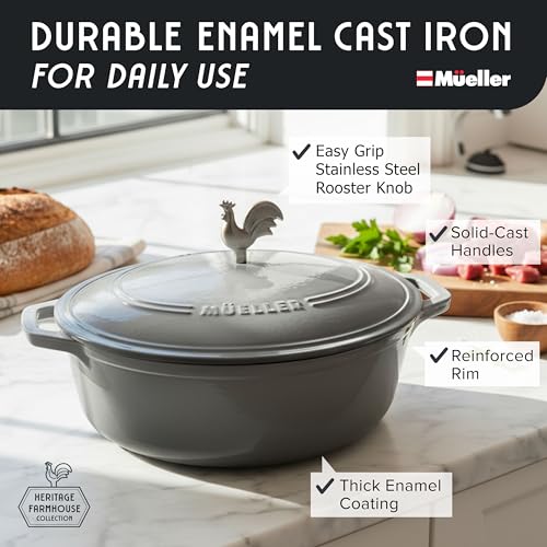 MUELLER HOME 5.5 Quart Enameled Cast Iron Oval Dutch Oven with Rooster Knob & Cotton Potholders (5.5 Quart -Oval / Gray)