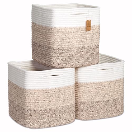 Storage Cubes 11 Inch Cotton Rope Woven Baskets for Organizing (3-Tone Brown)
