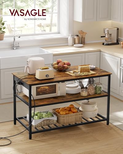 Kitchen Island with 3 Shelves (47.2"W x 34.9"H / with Power Outlets / Rustic Brown + Black)