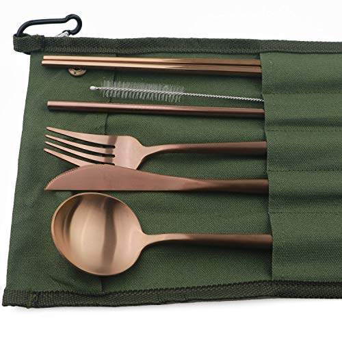Portable 6 Pieces Flatware Set (Green Pouch / Rose Gold)