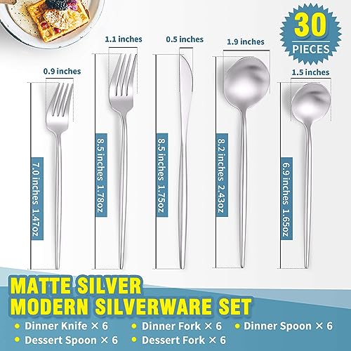 Matte Silverware Set for 6 (Silver / 30 Pieces Set)