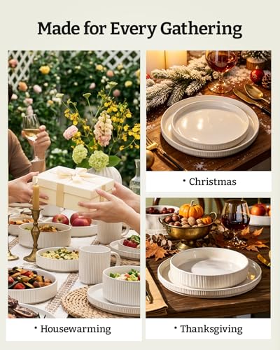 Star Stoneware Dinnerware Sets with Pasta Bowls (Oat White / Service for 4 - Double Bowls)