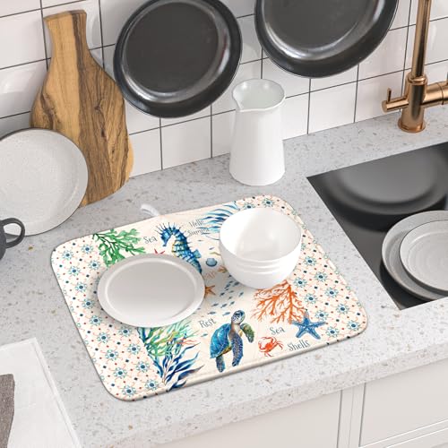 Nautical Coastal Dish Drying Mat Sea Turtle Seahorse Dish Drainer Pad 16"x18" Microfiber Reversible Fast Dry Pad for Kitchen Counter Decor (Coral Turtle / 16" x 18")
