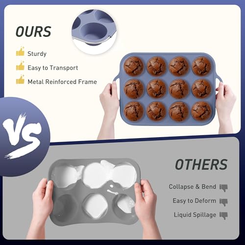 2 Packs 12 Cups Silicone Muffin Pan with Metal Reinforced Frame Regular Size Cupcake Pan Tray Egg Bites Silicone Circle Cookie Molds Muffin Tin Bread Loaf Pans for Homemade Reusable Tart Pans (2pc: 12-Cup Regular / Morandi Pink & Morandi Blue)