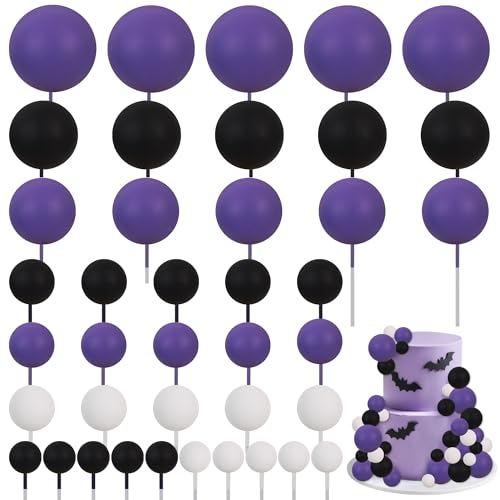 40 pcs Foam Ball Halloween Cake Toppers with Sticks Perfect for Graduation Halloween Cake Decor Birthday Graduation Congrats 2026 Cake Decoration Wednesday Theme Party (40-black White Purple)