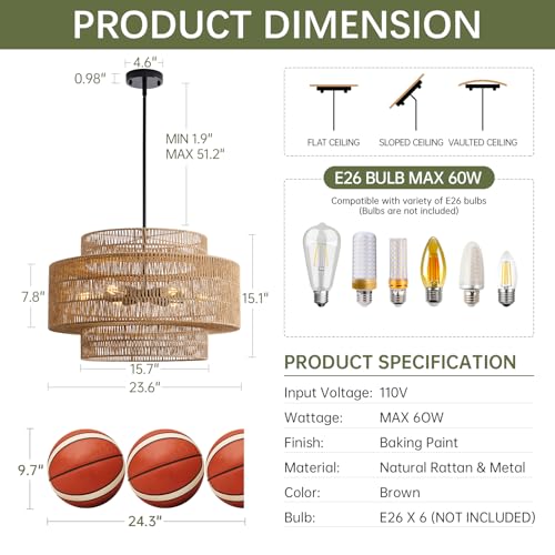 24" Rattan Chandelier for Dining Room (Brown+Black Hardware / 24" 6-Light)