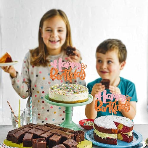 1Pcs Happy Birthday Cake Topper Glitter Cake Pick for Celebrating Anniversary Party Cake Decorations Supplies Pink Orange