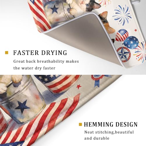 Vintage Patriotic Dish Drying Mat Cute Cats American Flag Drying Matt Kitchen Counter for Home Decor (Patriotic Cat White / 24" x 18")