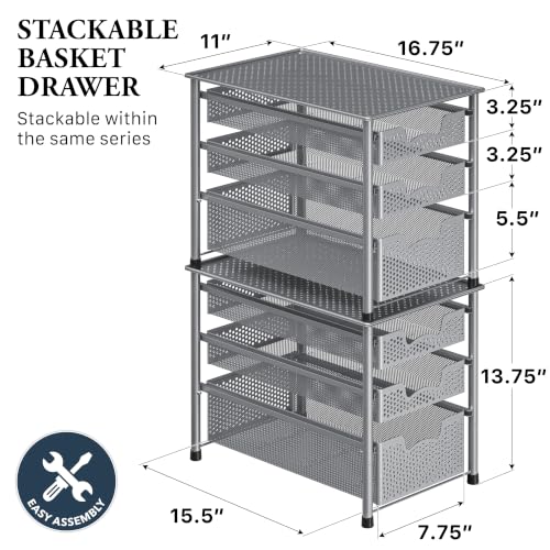 Stackable 3 Tier Sliding Basket Organizer Drawer (3-Tier / Silver)