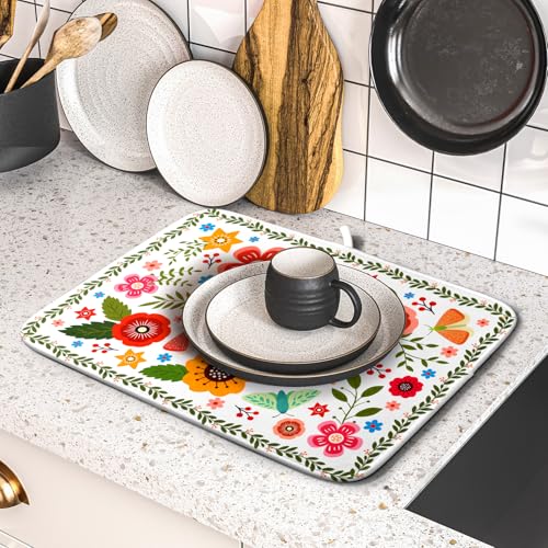 Colorful Boho Floral Dish Drying Mat 16x18 Inch Dishes Dry Pad Drainer Rack Mats Absorbent Hanging Loop Kitchen Counter Bar Accessories (White Boho Floral / 16" x 18")