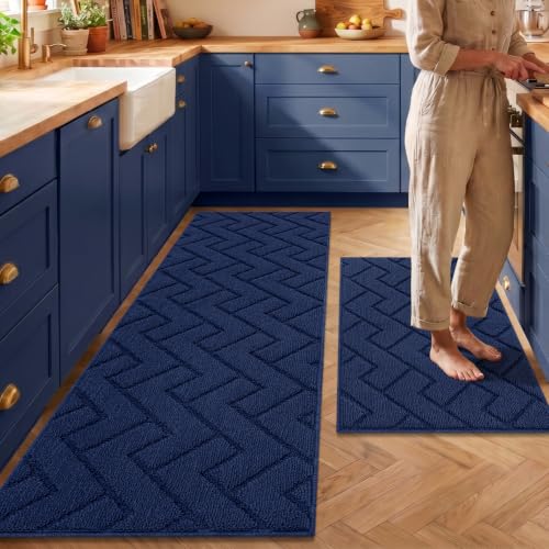 Kitchen Runner Rug (Navy Blue / 20"x59"+20"x32")