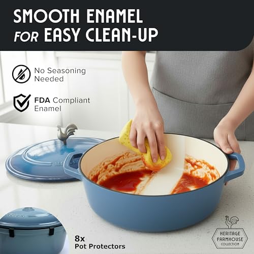 MUELLER HOME 5.5 Quart Enameled Cast Iron Oval Dutch Oven w Rooster Knob & Cotton Potholders (5.5 Quart -Oval / Mineral Blue)