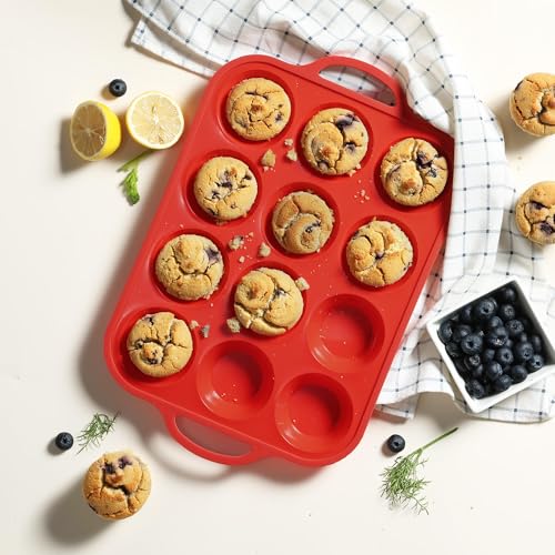 2 Packs 12 Cups Silicone Muffin Pan for Baking with Metal Reinforced Frame Regular Size Cupcake Pan Tray Egg Bites Silicone Cookie Molds Muffin Tin Tart Pans Sheet Set for Oven Dishwasher Safe (Regular / Red)