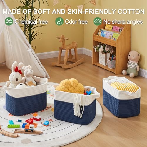 Cotton Rope Storage Baskets for Organizing White Blue 3 (White Blue / 3 pcs-13”x9.9”x8.7”)
