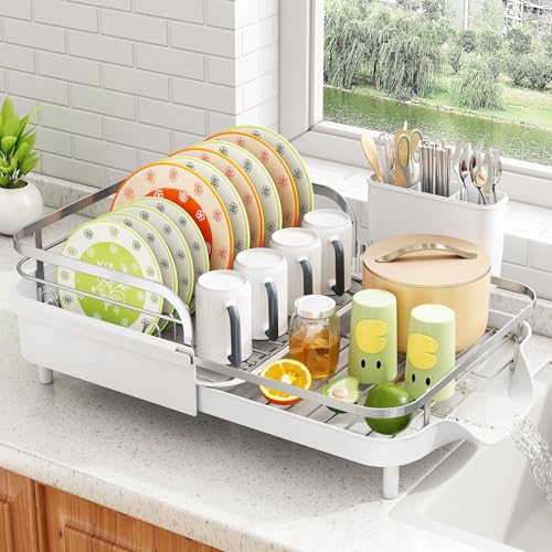 Expandable Dish Drying Rack for Small Kitchen Counter (White)