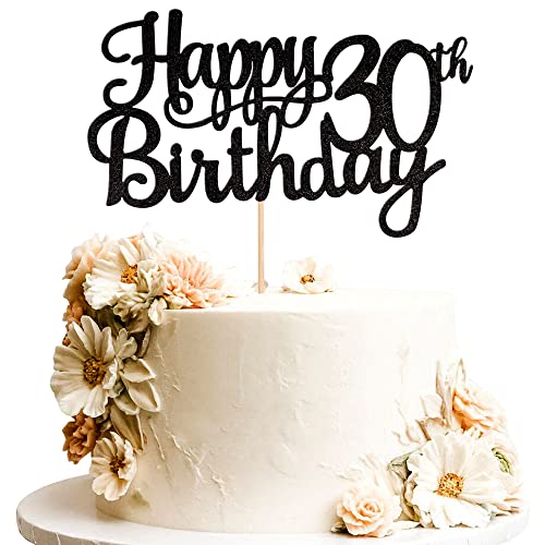 1 PCS Happy 30th Birthday Cake Topper Glitter Cheers to 30 Years Birthday Cake Pick 30 Fabulous Cake Decoration for Happy 30th Birthday Anniversary Party Decorations Supplies Black (Black / 30th)