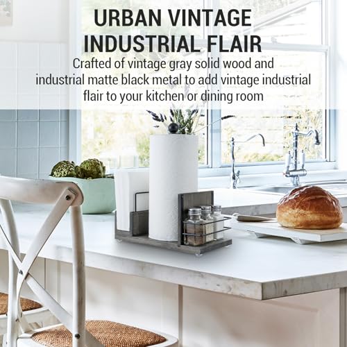 Rustic Gray Wood Paper Towel & Napkin Holder with Spice Rack Holder (Gray Set)