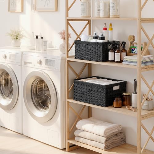 Wicker Storage Baskets for Organizing (Black (Paper Rope) / 15"L x 11"W x 7"H + 13"L x 9"W x 6¼"H)