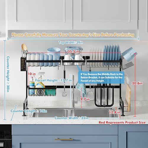 Over The Sink Dish Drying Rack with Utensil and Cup Holder (Black / 2 Tier, Over Sink)