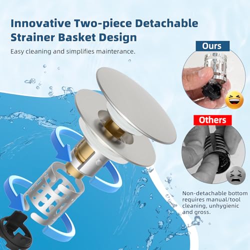 2 Pack Upgraded 3 in 1 Bathroom Sink Drain Strainer (Brushed Nickel)