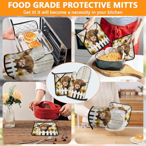 Sunflower Highland Cow Oven Mitts and Pot Holders Sets 4Pcs (Sunflower Highland Cow)