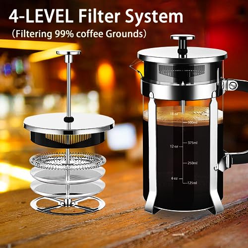 French Press Coffee Maker 304 Stainless Steel Coffee Press (Silvery / 21 oz)