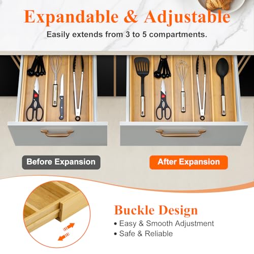 Expandable Bamboo Silverware Drawer Organizer Large Kitchen Utensils Tray ((12.6"-21")x 15.7" / Bamboo)