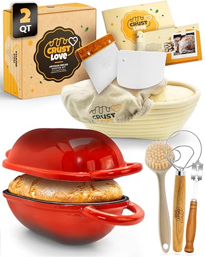 2 QT Oval Cast Iron Dutch Oven for Bread Baking with Lid & Kit (Red / 2QT Oval)