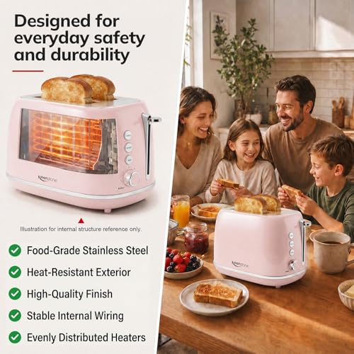 2 Slice Toaster Retro Stainless Steel with Bagel (2 Slice / Pink)