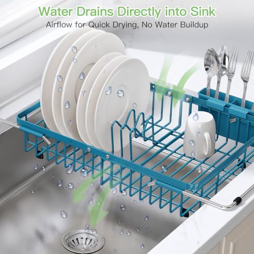 Blue Dish Drying Rack Over the Sink with Utensil Holder (Blue / For 12.5"-30"w Sink, Expandable)