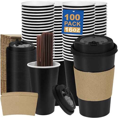 16 oz 100 Pack Coffee Cups with Lids and Sleeves (Black-100packs / 16 oz)