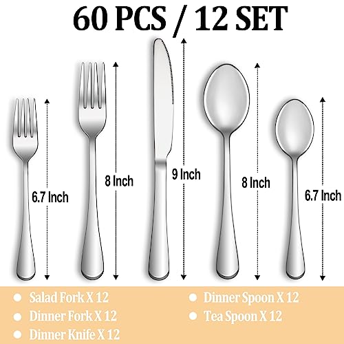 60 Piece Silverware Set Service for 12 (Silver)