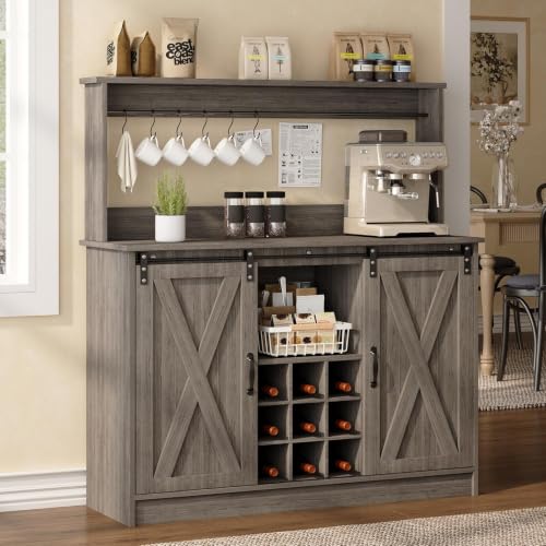 47" Coffee Bar Cabinet with Storage Hutch & Wine Rack (47Inch / Grey)