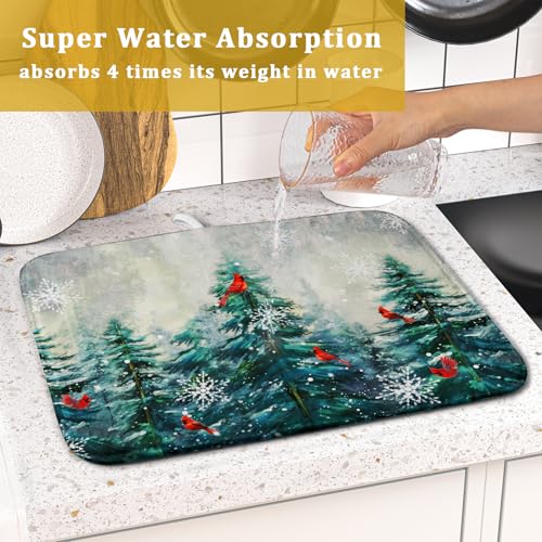Pine Tree Dish Drying Mat for Kitchen Countertop Red Bird Dishes Mats Winter Decorative Absorbent Reversible Drainer Rack Pad 16x18 Inch (Pine Red Bird / 16" x 18")