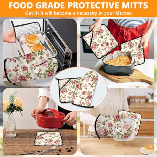 Red Rose Oven Mitts and Pot Holders Sets 4Pcs (Red Rose)