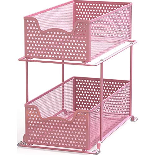 2 Tier Sliding Cabinet Basket Organizer Drawer (Pink / 1-Pack)