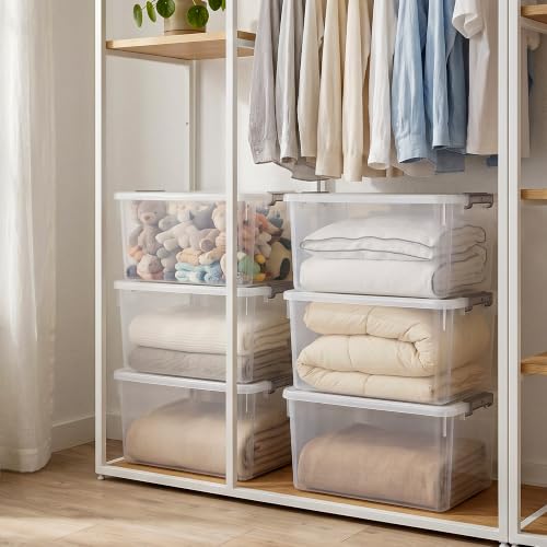 6 Packs 44.4 QT Plastic Storage Bins with Lids Large Stackable Storage Containers for Organizing Clear Storage Box for Garage (44.4 Qt. - 6 Packs / Clear White)