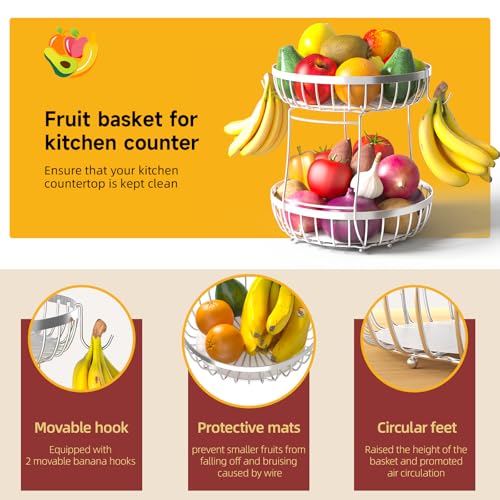 2 Tier Fruit Bowl for Kitchen Counter with Banana Hangers (Silver / 2 Tier)