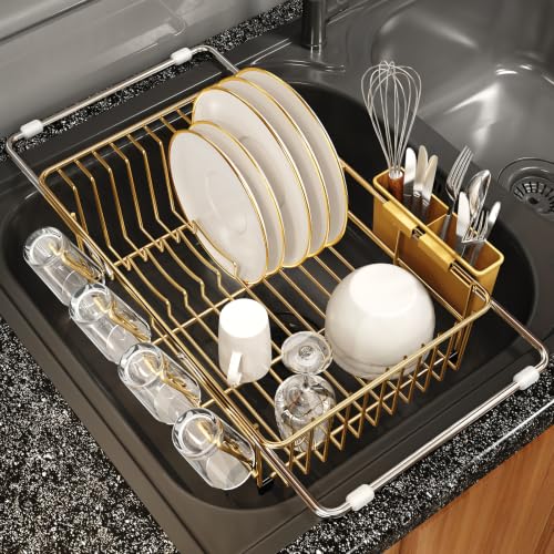 Gold Expandable Dish Drying Rack Over Sink with Anti (Gold / For 11.5"-16" W Sink with Cup Holder)