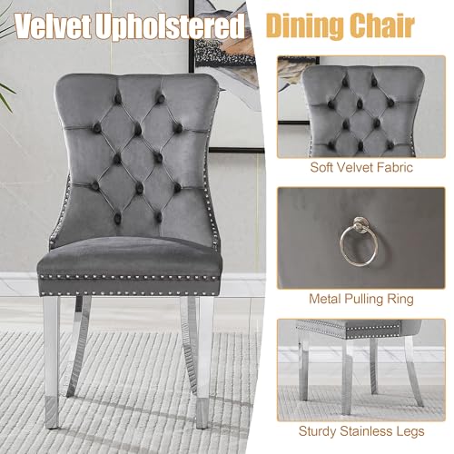 7 Piece Glass Dining Table Set for 6 (White Table & Silver Grey Chair / 7-Piece Set-OC-Shaped Table)