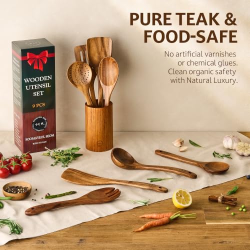 9 Piece Teak Wood Cooking Utensil Set with Holder (9 PCS Set)