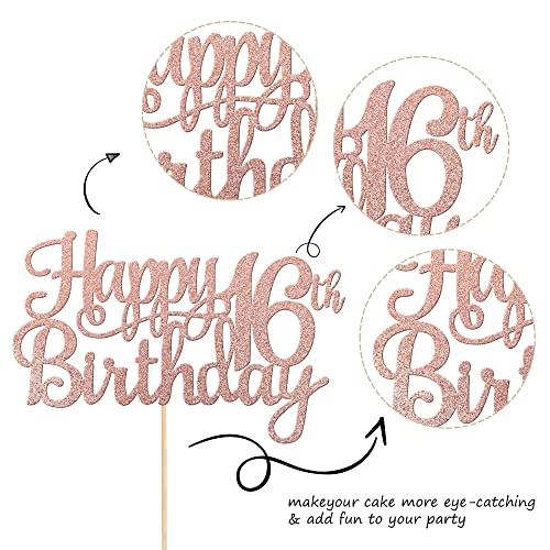 1 PCS Happy 16th Birthday Cake Topper Glitter Cheers to 16 Years Birthday Cake Pick Sweet 16 Fabulous Cake Decoration for Happy 16th Birthday Theme Party Decorations Supplies Rose Gold (Rose Gold / 16th)