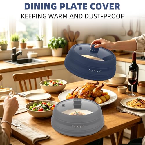 Microwave Splatter Cover Glass Cover Guard Lid with Collapsible Silicone for Food Pot Plate Cover 10.8 inch Dark Blue (DARK BLUE / 10.8 inch)