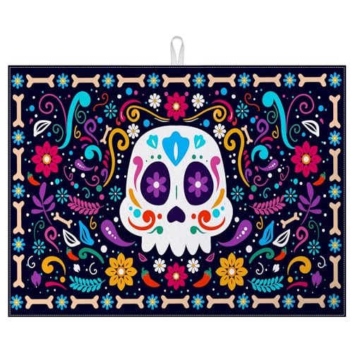 Sugar Skull Dish Drying Mat for Kitchen Counter Microfiber Absorbent Dish Day of the Dead Kitchen Drying Mat Draining Reusable Washable for Dishes