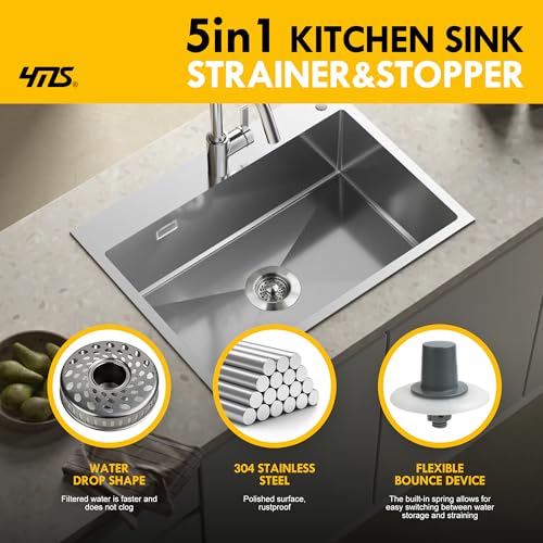 5-in-1 Stainless Steel Sink Aid, Kitchen Sink Drain Strainer Food Catcher, Popup Kitchen Sink Stopper & Odor Filter, Kitchen Sink Strainer Accessories with Drain Basket (Classic Brushed) (Classic Brushed)