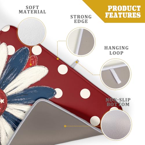 Patriotic Dish Drying Mat 18x24 In Red and Blue Daisy Microfiber Kitchen Draining Mat for Countertops (Patriotic Floral Red / 24" x 18")
