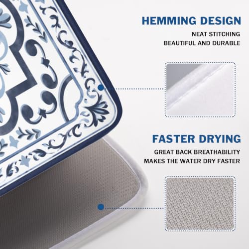 Navy Flower Dish Drying Mat Modern Boho Microfiber Dishes Drainer Pad 18x24 Inch Absorbent Fast Dry Dish Rack Mat for Kitchen Counter Sink (Boho Navy Floral / 18x24 inch)