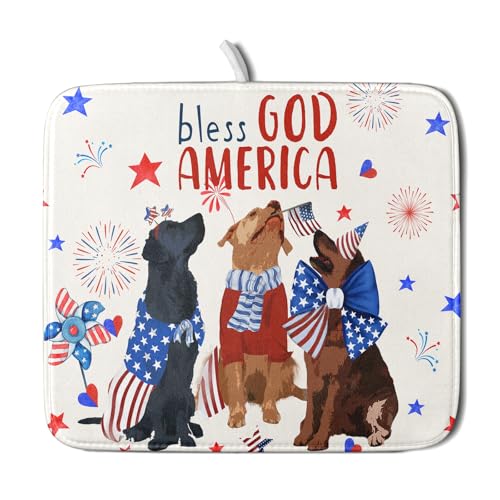 4th of July Patriotic Dogs Dish Drying Mat American Independence Day Dish Dry Pad 16"x18" Absorbent Dishes Drainer Mat for Kitchen Counter (Patriotic Dogs / 16" x 18")