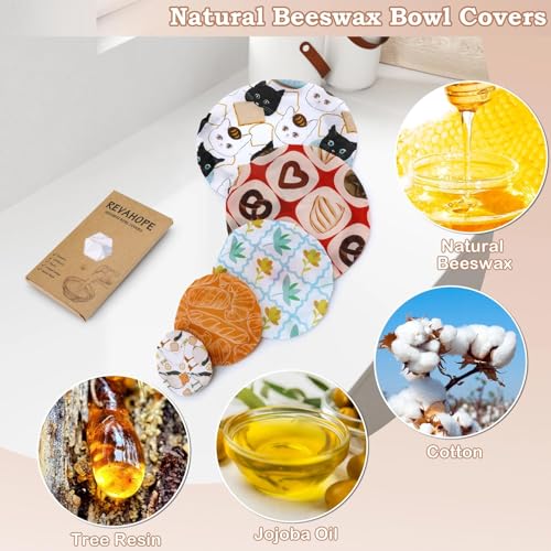 5Pcs Reusable Beeswax Elastic Bowl Covers for Bread Proofing and Food Cover (Toast Cat)