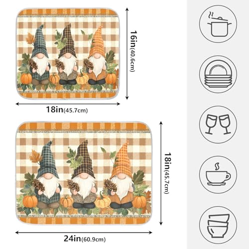 Fall Pumpkin Gnomes Maple Leaves Autumn2 Dish Drying Mat for Kitchen Counter Absorbent Microfiber Large Drying Pad Dish Mats for Kitchen Countertops 18 x 24 Inch (24" x 18")